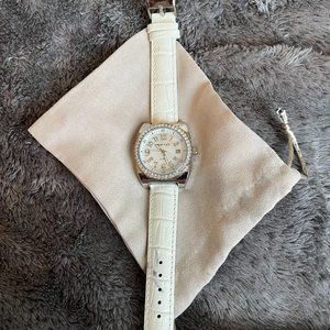 Ruby Kats Rhinestone Crystal Watch. Genuine White Leather Straps.